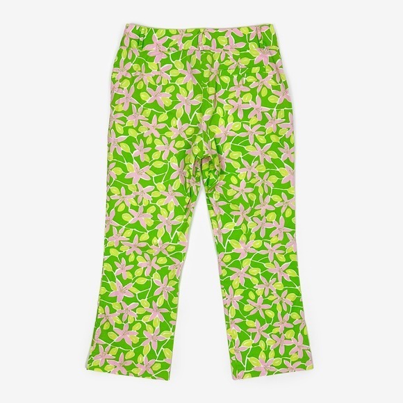 Lilly Pulitzer Floral‎ Pants Size 2 Green Pink Cotton Blend Pockets Cropped Y2K - Picture 2 of 2